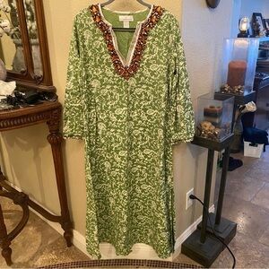 Vtg SOFT SURROUNDINGS Green White Jewel Beads Kaftan Maxi Dress Size Medium